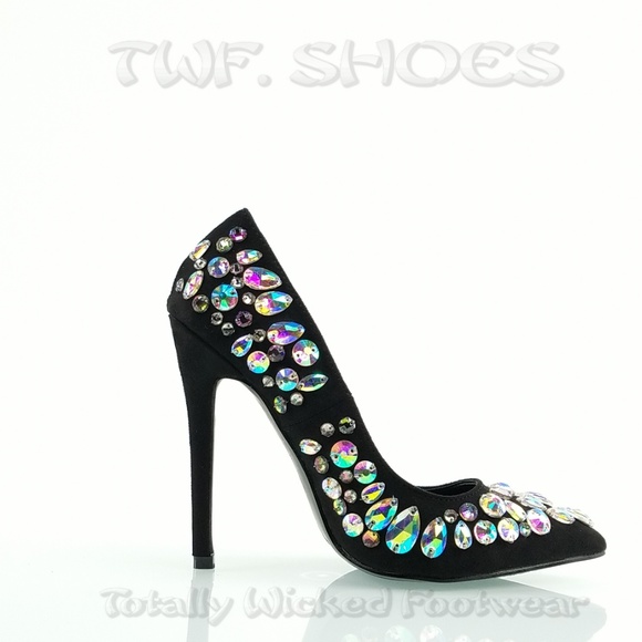 Big jewel 4.5" heel black pump fashion shoes Diva - Picture 7 of 8